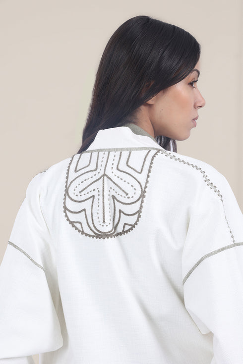 Embroidered long coat in linen cotton blend